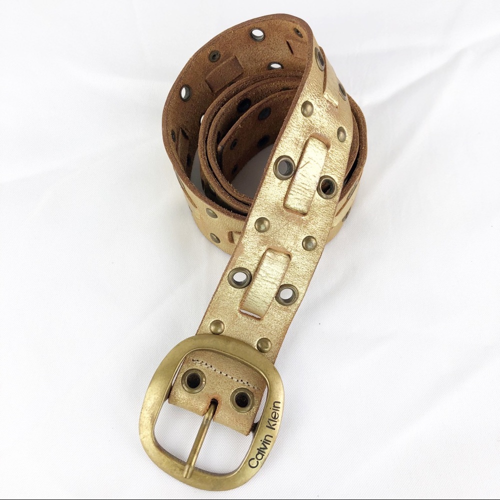 A38 Calvin Klein gold leather studded belt